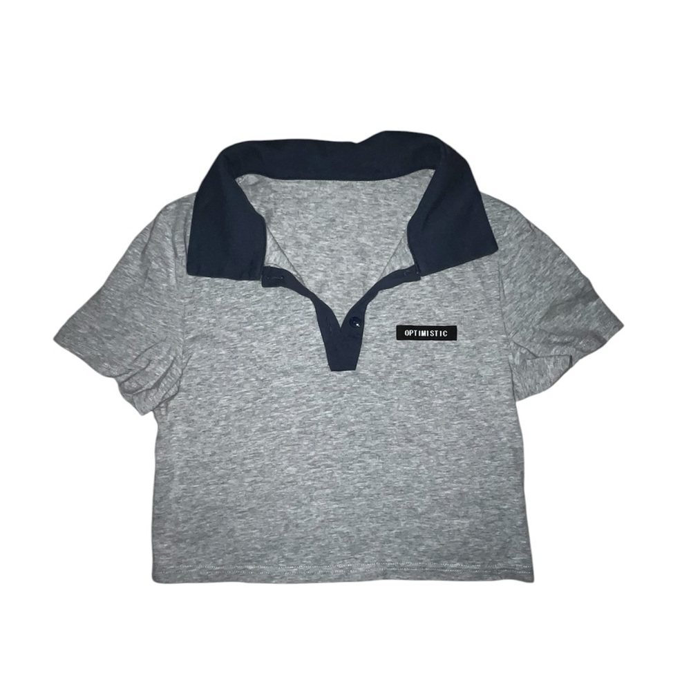 Dazy grey and blue short-sleeve crop top, size medium.
